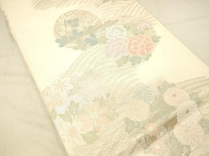 平和屋着物＊夏物 六通柄袋帯 流水草花文 銀糸 正絹 逸品 DABA0915cm