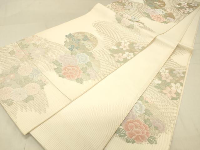 平和屋着物＊夏物 六通柄袋帯 流水草花文 銀糸 正絹 逸品 DABA0915cm