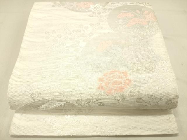 平和屋着物＊夏物 六通柄袋帯 草花文 銀糸 正絹 逸品 DABA0916cm