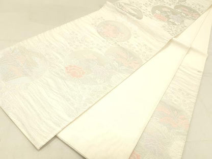 平和屋着物＊夏物 六通柄袋帯 草花文 銀糸 正絹 逸品 DABA0916cm