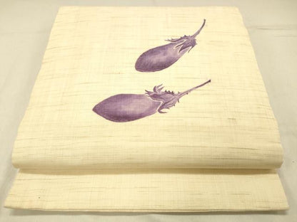 平和屋着物＊夏物 九寸開き名古屋帯 手描き 茄子 成り物 麻 逸品 DABA0923cm