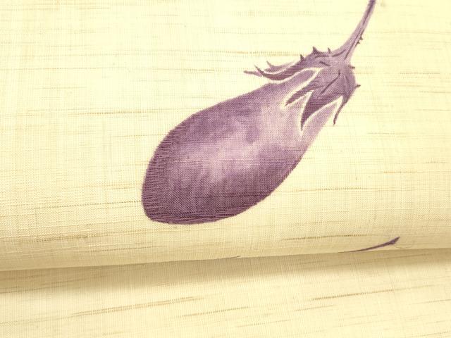 平和屋着物＊夏物 九寸開き名古屋帯 手描き 茄子 成り物 麻 逸品 DABA0923cm