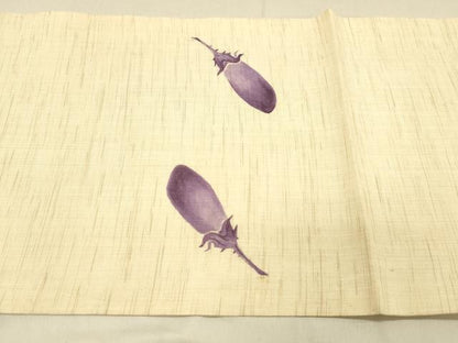 平和屋着物＊夏物 九寸開き名古屋帯 手描き 茄子 成り物 麻 逸品 DABA0923cm