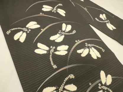 平和屋着物＊夏物 絽塩瀬 九寸名古屋帯 絞り 蜻蛉露芝文 黒地 正絹 逸品 DABA0942cm