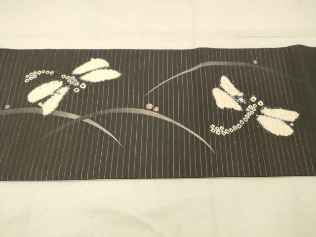 平和屋着物＊夏物　絽塩瀬　九寸名古屋帯　絞り　蜻蛉露芝文　黒地　正絹　逸品　DABA0942cm 平和屋着物＊夏物 絽塩瀬 九寸名古屋帯 絞り 蜻蛉露芝文 黒地 正絹