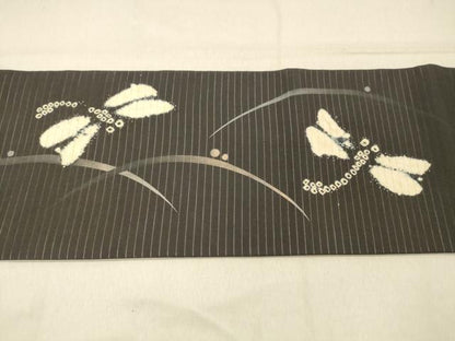 平和屋着物＊夏物 絽塩瀬 九寸名古屋帯 絞り 蜻蛉露芝文 黒地 正絹 逸品 DABA0942cm