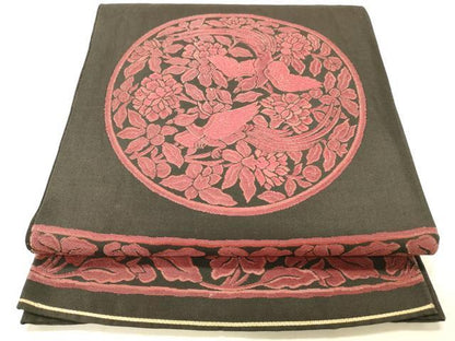 平和屋着物◎六通柄袋帯　花鳥文　黒地　正絹　逸品　DABA0946cm