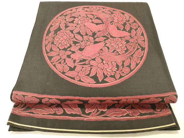平和屋着物◎六通柄袋帯　花鳥文　黒地　正絹　逸品　DABA0946cm
