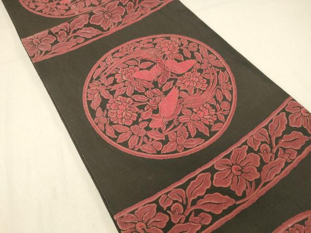 平和屋着物◎六通柄袋帯　花鳥文　黒地　正絹　逸品　DABA0946cm