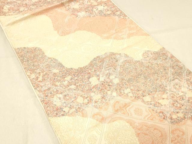 平和屋着物◎六通柄袋帯　正倉院花文　銀糸　正絹　逸品　DABA0953cm