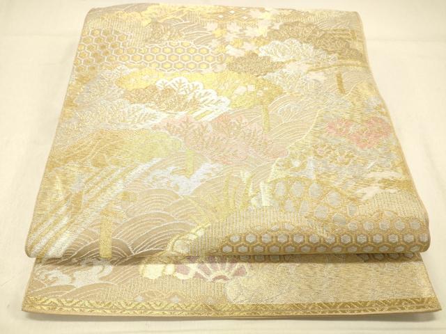 平和屋着物◎六通柄袋帯　流水渡橋松文　金銀糸　正絹　逸品　DABA0957cm