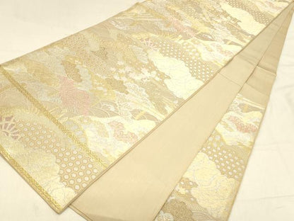 平和屋着物◎六通柄袋帯　流水渡橋松文　金銀糸　正絹　逸品　DABA0957cm