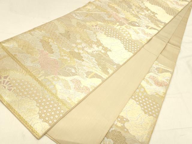 平和屋着物◎六通柄袋帯　流水渡橋松文　金銀糸　正絹　逸品　DABA0957cm