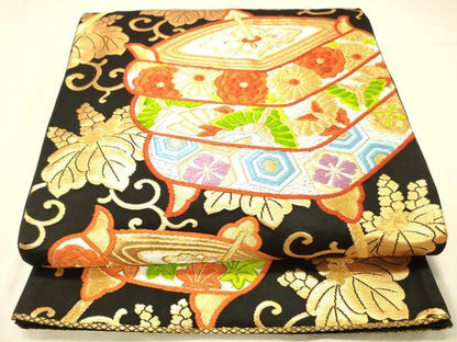 平和屋着物◎六通柄袋帯　唐織　糸巻き花蝶文　黒地　金銀糸　正絹　逸品　DABA0961cm