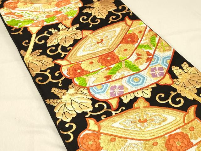 平和屋着物◎六通柄袋帯　唐織　糸巻き花蝶文　黒地　金銀糸　正絹　逸品　DABA0961cm