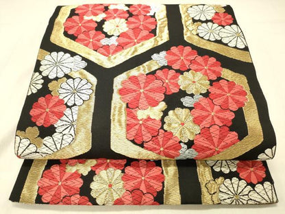 平和屋着物◎六通柄　京本袋帯　唐織　亀甲花文　黒地　金銀糸　正絹　逸品　DABA0963cm