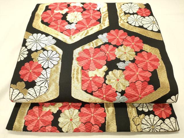 平和屋着物◎六通柄　京本袋帯　唐織　亀甲花文　黒地　金銀糸　正絹　逸品　DABA0963cm