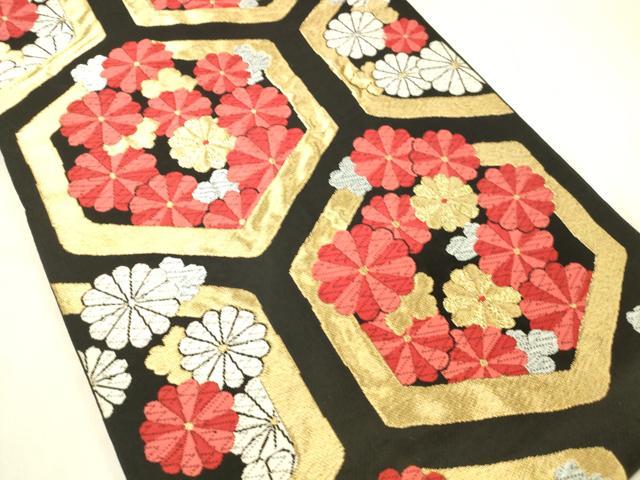 平和屋着物◎六通柄　京本袋帯　唐織　亀甲花文　黒地　金銀糸　正絹　逸品　DABA0963cm