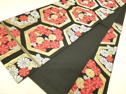 平和屋着物◎六通柄　京本袋帯　唐織　亀甲花文　黒地　金銀糸　正絹　逸品　DABA0963cm