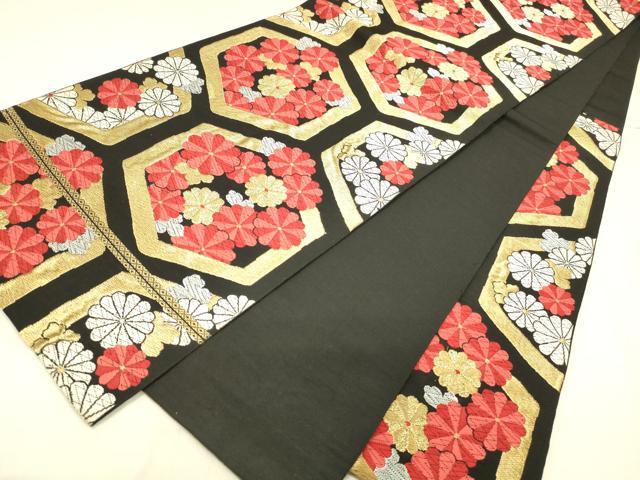 平和屋着物◎六通柄　京本袋帯　唐織　亀甲花文　黒地　金銀糸　正絹　逸品　DABA0963cm