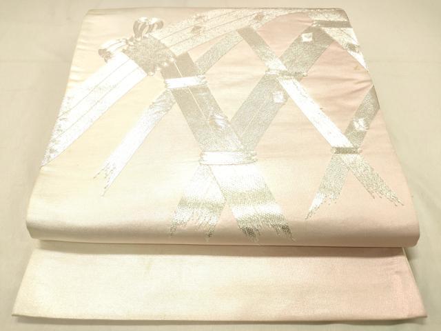 平和屋着物◎太鼓柄袋帯 駒刺繍 総刺繍 曲木文 引箔 正絹 逸品 DABA0970cm