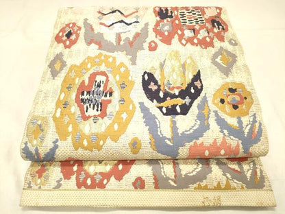 平和屋着物◎六通柄　本袋帯　草花文　銀糸　正絹　逸品　DABA0975cm