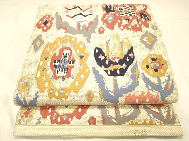 平和屋着物◎六通柄　本袋帯　草花文　銀糸　正絹　逸品　DABA0975cm
