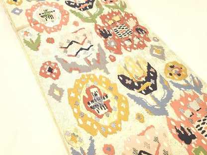 平和屋着物◎六通柄　本袋帯　草花文　銀糸　正絹　逸品　DABA0975cm