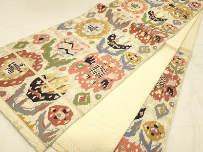 平和屋着物◎六通柄　本袋帯　草花文　銀糸　正絹　逸品　DABA0975cm