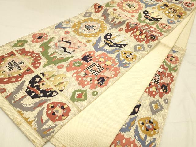 平和屋着物◎六通柄　本袋帯　草花文　銀糸　正絹　逸品　DABA0975cm