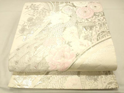 平和屋着物◎六通柄袋帯　唐織　流水孔雀文様　プラチナ箔　正絹　逸品　DABA0976cm