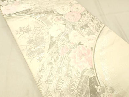 平和屋着物◎六通柄袋帯　唐織　流水孔雀文様　プラチナ箔　正絹　逸品　DABA0976cm