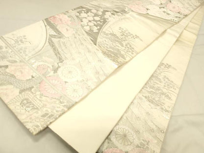 平和屋着物◎六通柄袋帯　唐織　流水孔雀文様　プラチナ箔　正絹　逸品　DABA0976cm