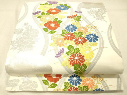 平和屋着物◎六移柄袋帯 唐織 草花文 金銀糸 正絹 逸品 DABA0978cm