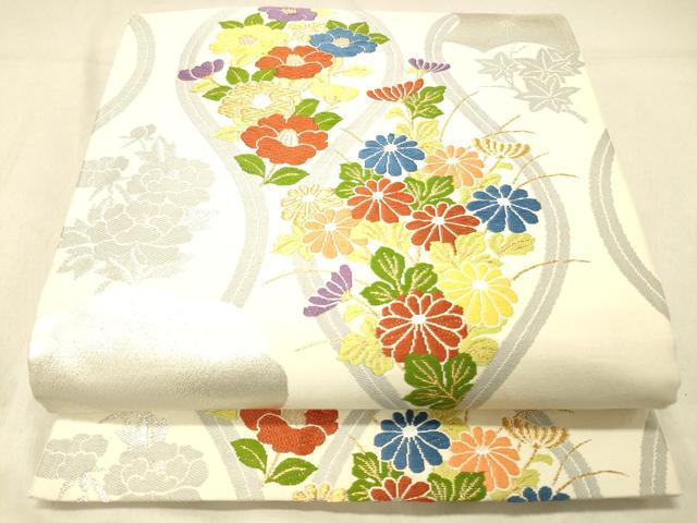 平和屋着物◎六移柄袋帯 唐織 草花文 金銀糸 正絹 逸品 DABA0978cm