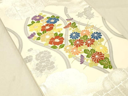 平和屋着物◎六移柄袋帯 唐織 草花文 金銀糸 正絹 逸品 DABA0978cm
