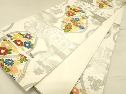 平和屋着物◎六移柄袋帯 唐織 草花文 金銀糸 正絹 逸品 DABA0978cm