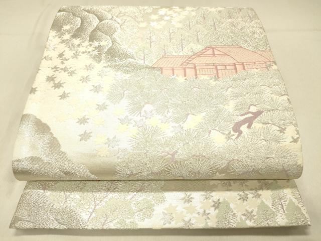 平和屋着物◎六通柄袋帯　プラチナ純銀箔二重織　風景松文　正絹　逸品　DABA0980cm