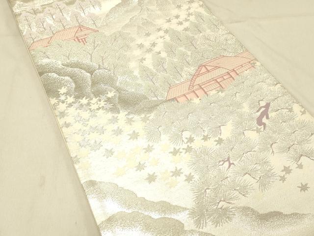 平和屋着物◎六通柄袋帯　プラチナ純銀箔二重織　風景松文　正絹　逸品　DABA0980cm