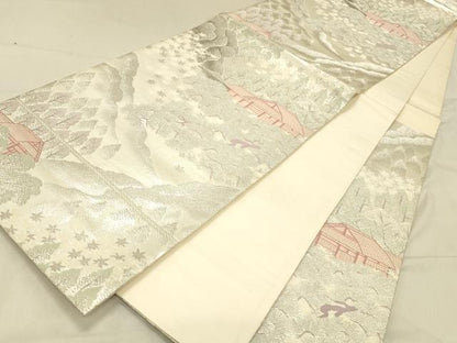 平和屋着物◎六通柄袋帯　プラチナ純銀箔二重織　風景松文　正絹　逸品　DABA0980cm