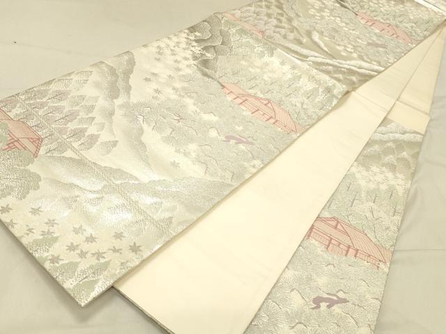 平和屋着物◎六通柄袋帯　プラチナ純銀箔二重織　風景松文　正絹　逸品　DABA0980cm