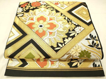 平和屋着物◎六通柄　本袋帯　草花文　黒地　金糸　正絹　逸品　DABA0981cm