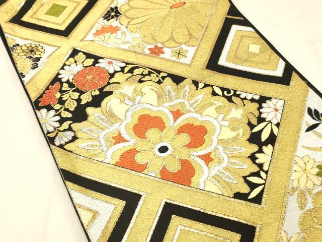 平和屋着物◎六通柄　本袋帯　草花文　黒地　金糸　正絹　逸品　DABA0981cm