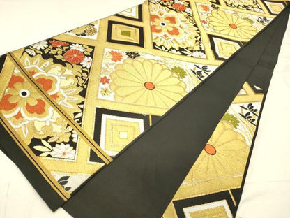平和屋着物◎六通柄　本袋帯　草花文　黒地　金糸　正絹　逸品　DABA0981cm