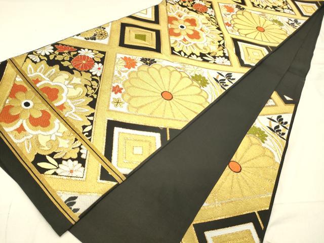 平和屋着物◎六通柄　本袋帯　草花文　黒地　金糸　正絹　逸品　DABA0981cm