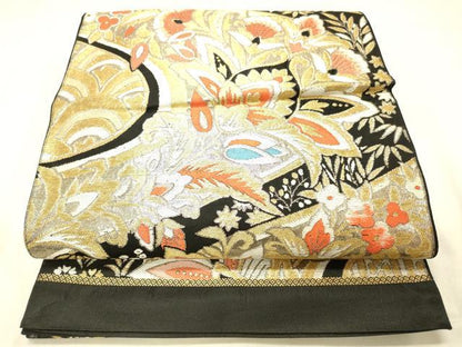 平和屋着物◎六通柄　京本袋帯　更紗花文　黒地　金銀糸　正絹　逸品　DABA0984cm