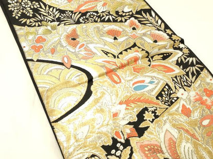 平和屋着物◎六通柄　京本袋帯　更紗花文　黒地　金銀糸　正絹　逸品　DABA0984cm