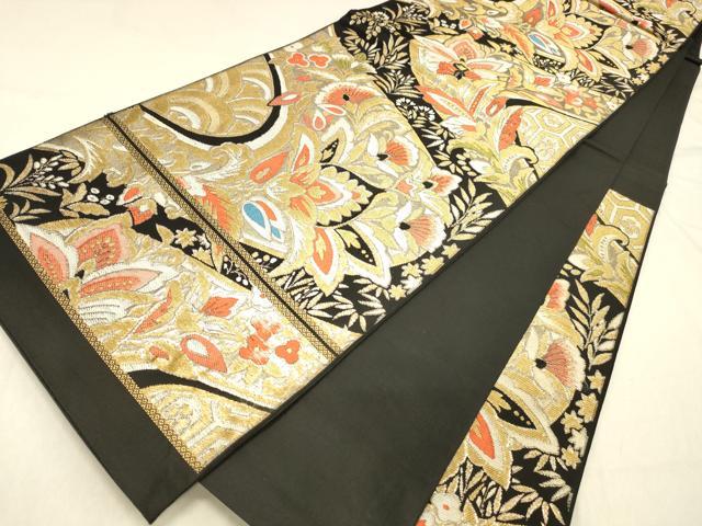 平和屋着物◎六通柄　京本袋帯　更紗花文　黒地　金銀糸　正絹　逸品　DABA0984cm