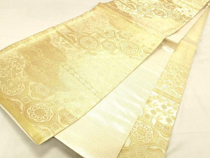 平和屋着物◎佐賀錦　六通柄袋帯　名物錦　草花文　金糸　正絹　逸品　DABA0990cm