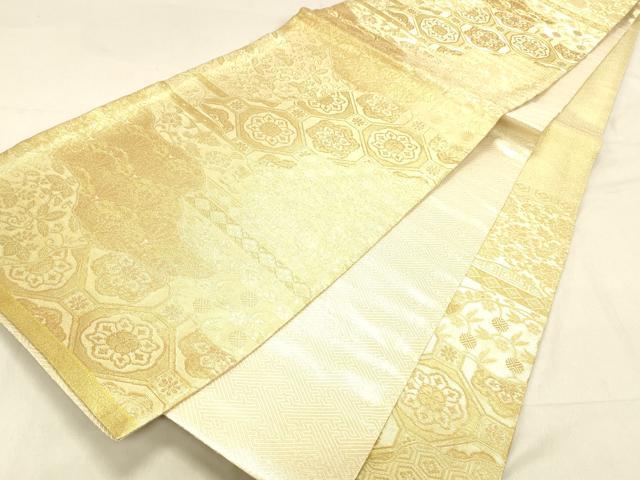 平和屋着物◎佐賀錦　六通柄袋帯　名物錦　草花文　金糸　正絹　逸品　DABA0990cm